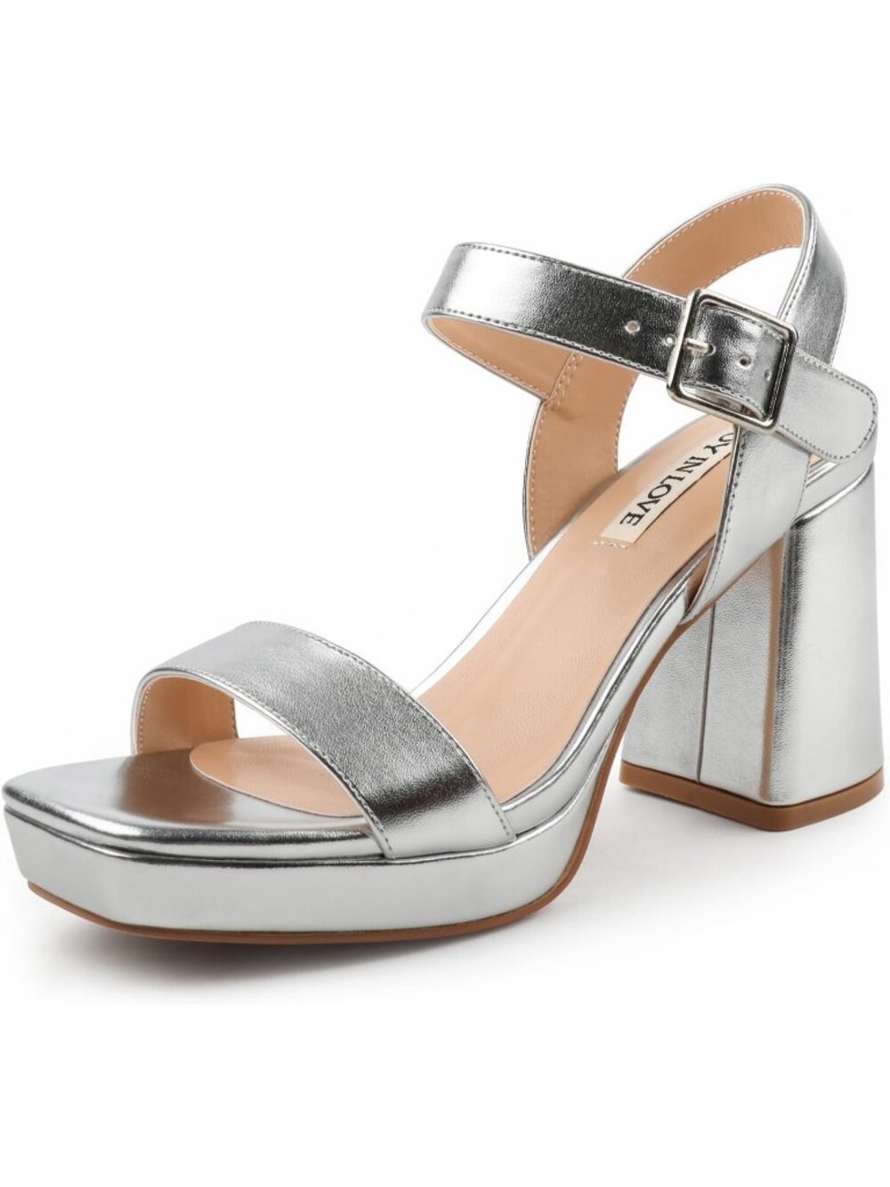 Women's Silver Square Open Toe Adjustable Ankle Strap Chunky Block Heel Sandals